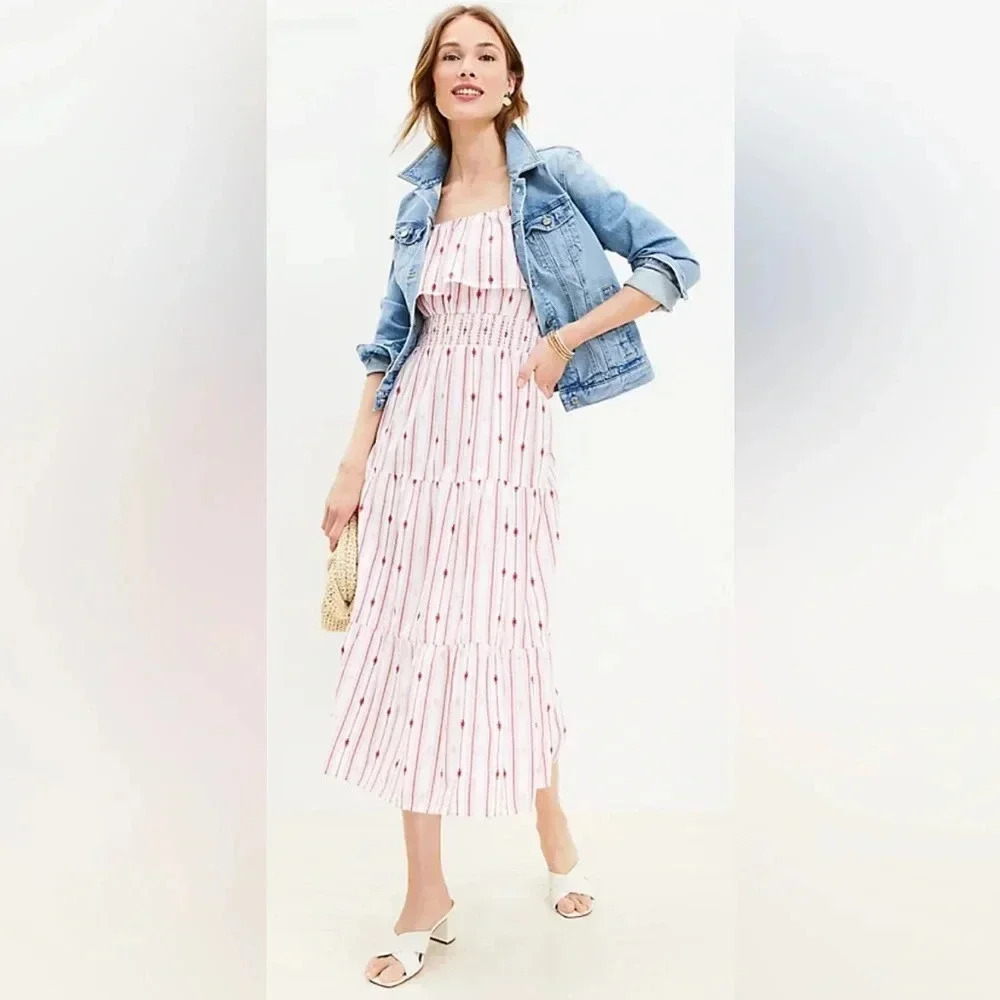 Loft Striped Ruffle Strappy Midi Dress